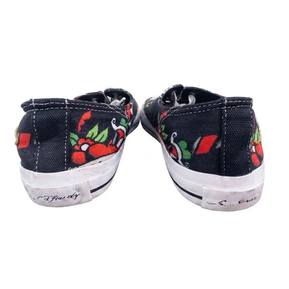 Y2K Ed Hardy Mens Tattoo Flash Graphic Print Canvas Low-Top Sneakers Black Sz 9